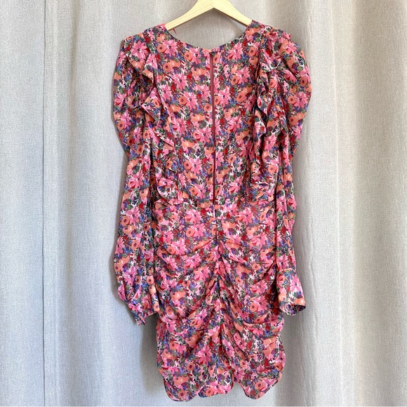 ZARA Floral Draped Mini Pink Dress Crewneck Puff Shoulders XS - Picture 3 of 11
